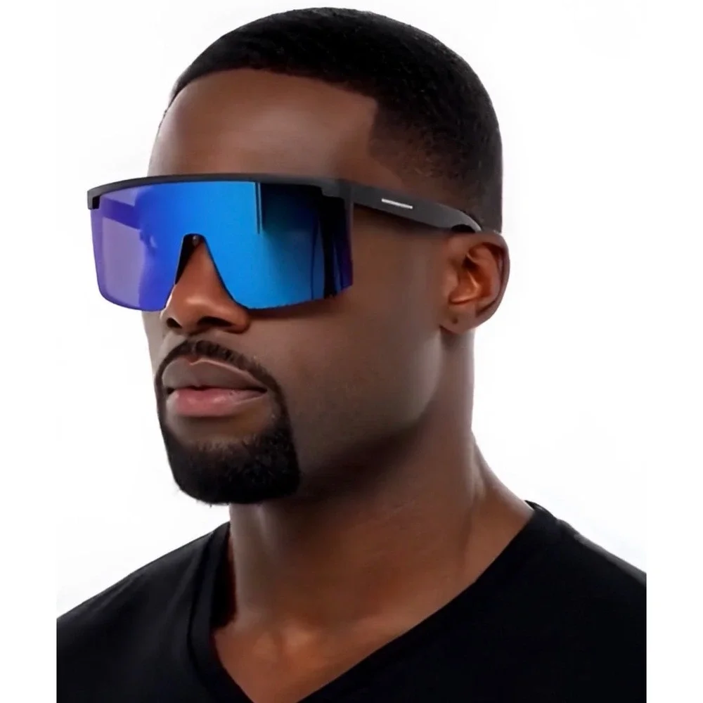 Shield Sunglasses Visor Blue Mirrored Lens Sporty Futuristic Cyclops Style Gafas